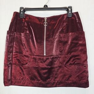 Honey Punch Metallic Burgundy Zip-Front Mini Skirt L Burgundy Shimmer